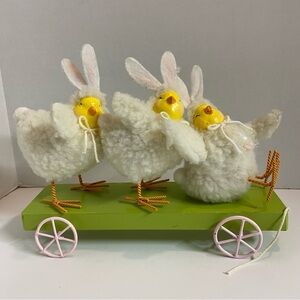 Adorable Easter Chick Trio on Green Cart